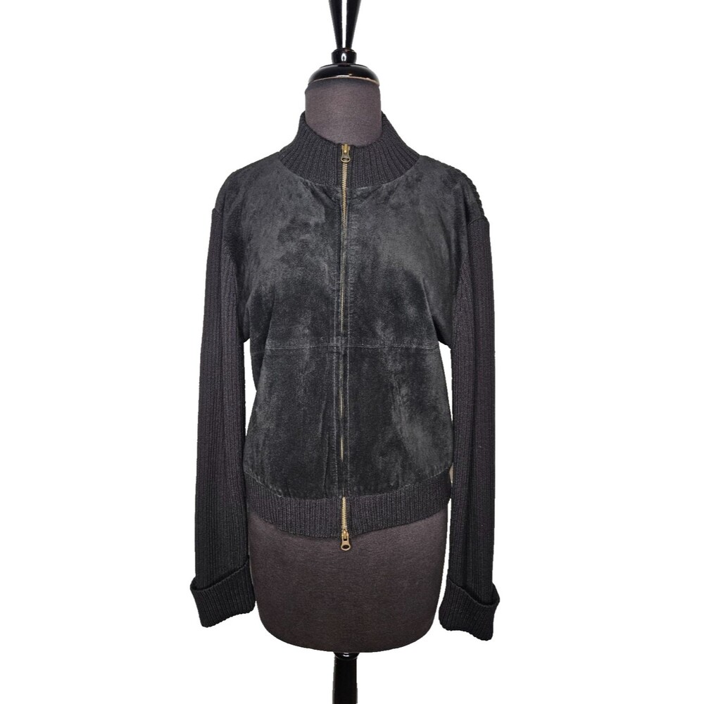 Vintage Pandemonium Hybrid Suede Sweater Jacket Large Black Ribbed Mixed Media